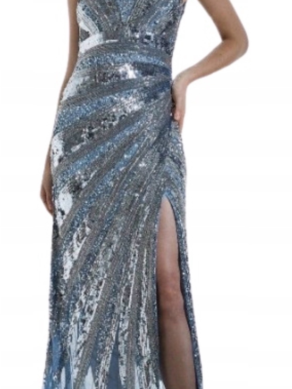 Karen Millen Silver-Blue Sequin High-Slit Evening Gown S